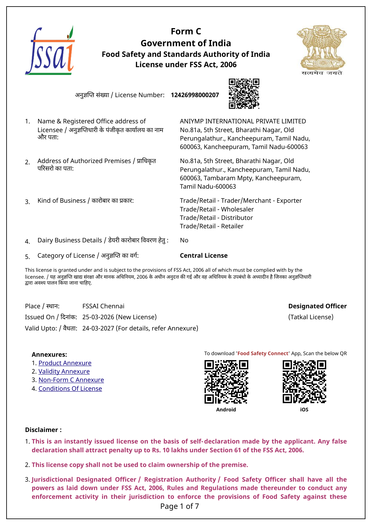 FSSAI Certificate preview