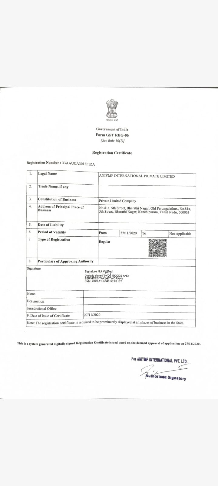 GST Registration Certificate preview
