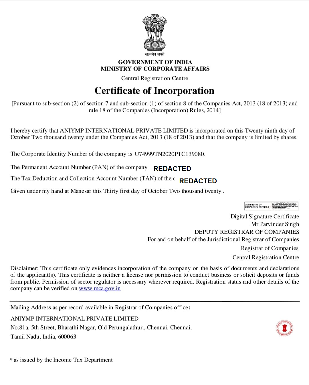 Certificate of Incorporation preview