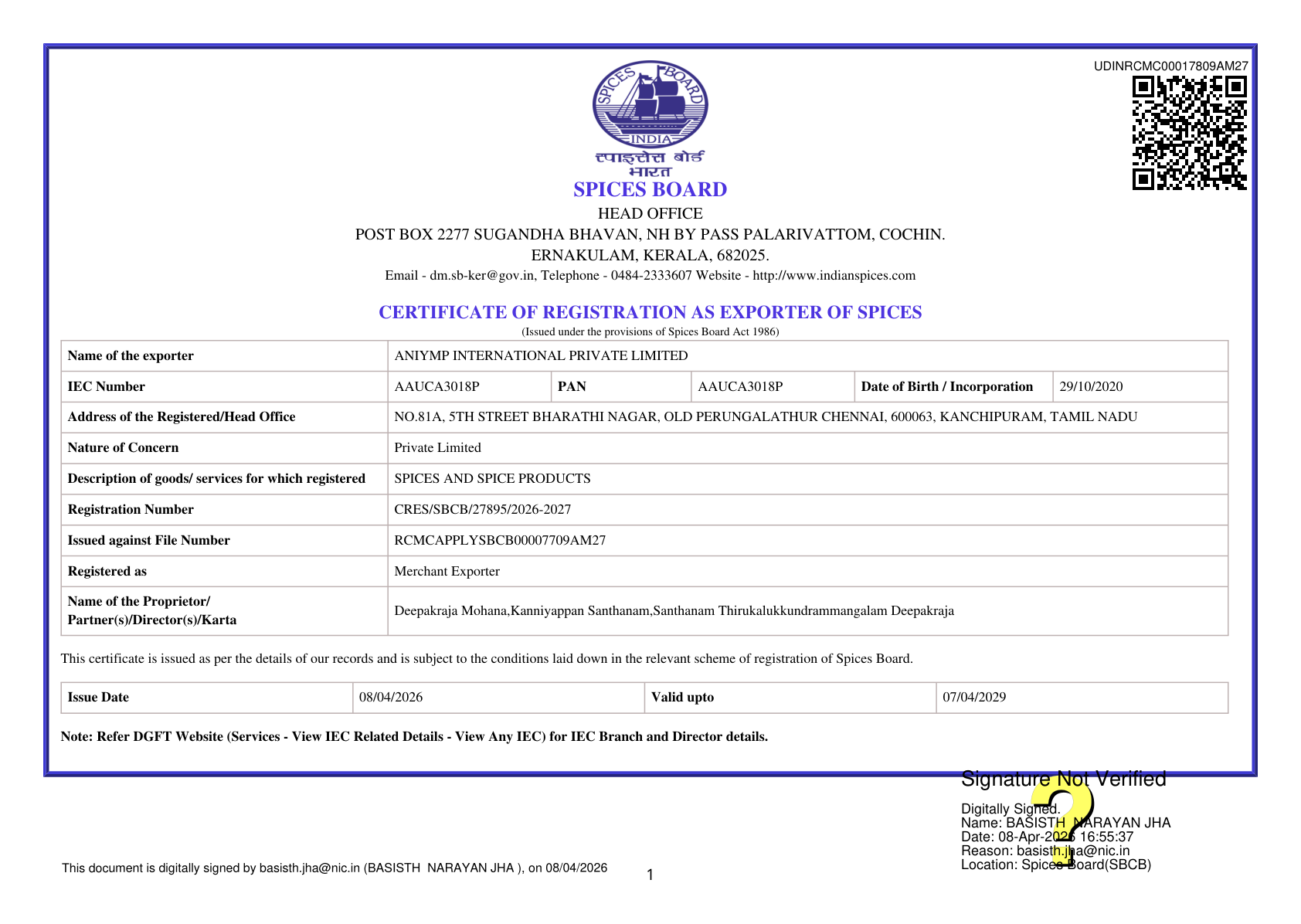 Spice Board Registration Certificate preview