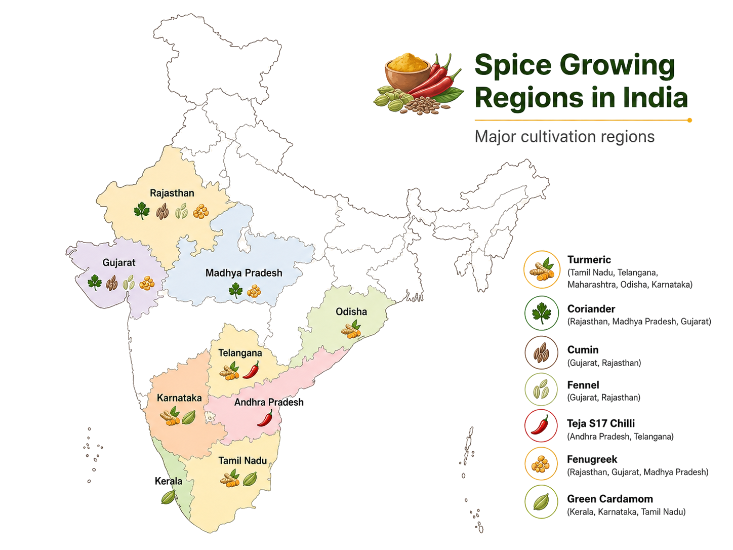 Overview map showing key Indian spice growing regions